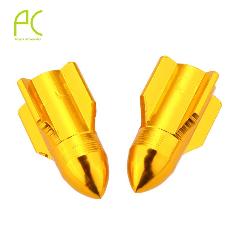 Pcycling Fiets Gasmondstuk Cap 2 Stuks Cnc Aluminium Auto Schrader Valve Cap Raket Modellering Gaspijp Ventiel Stofkap cover: GOLD