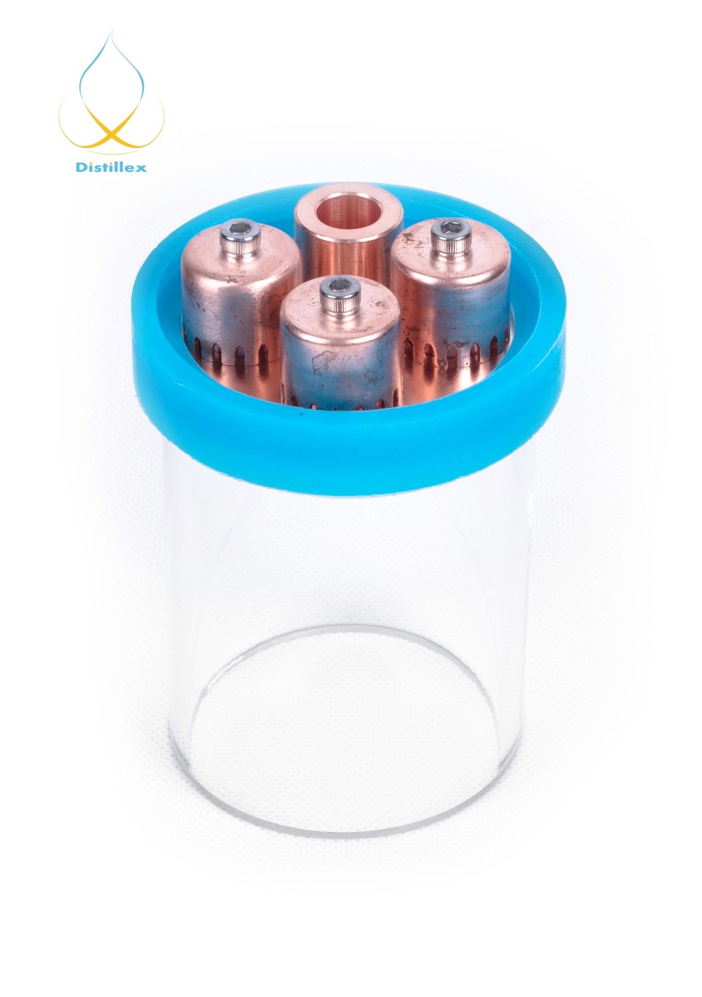 Glass bubble plates section with copper bubble plate for distillation.