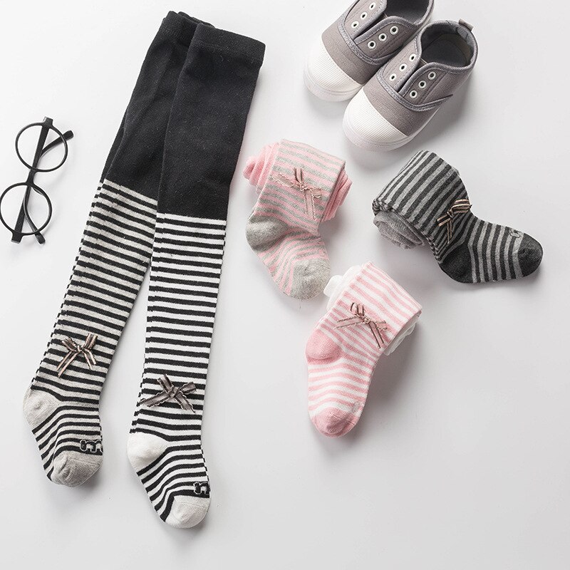 Herfst Kinderen Panty panty Gestreepte Baby Peuter Meisjes Boog-knoop Panty panty Katoen Kinderen Meisje Panty Kousen