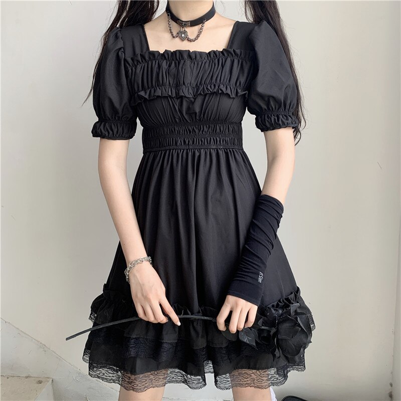 Mujeres japonesas victorianas gótico cuadrado Collar encaje con volantes negro Lolita vestido verano niñas Steampunk Puff manga Mini vestidos