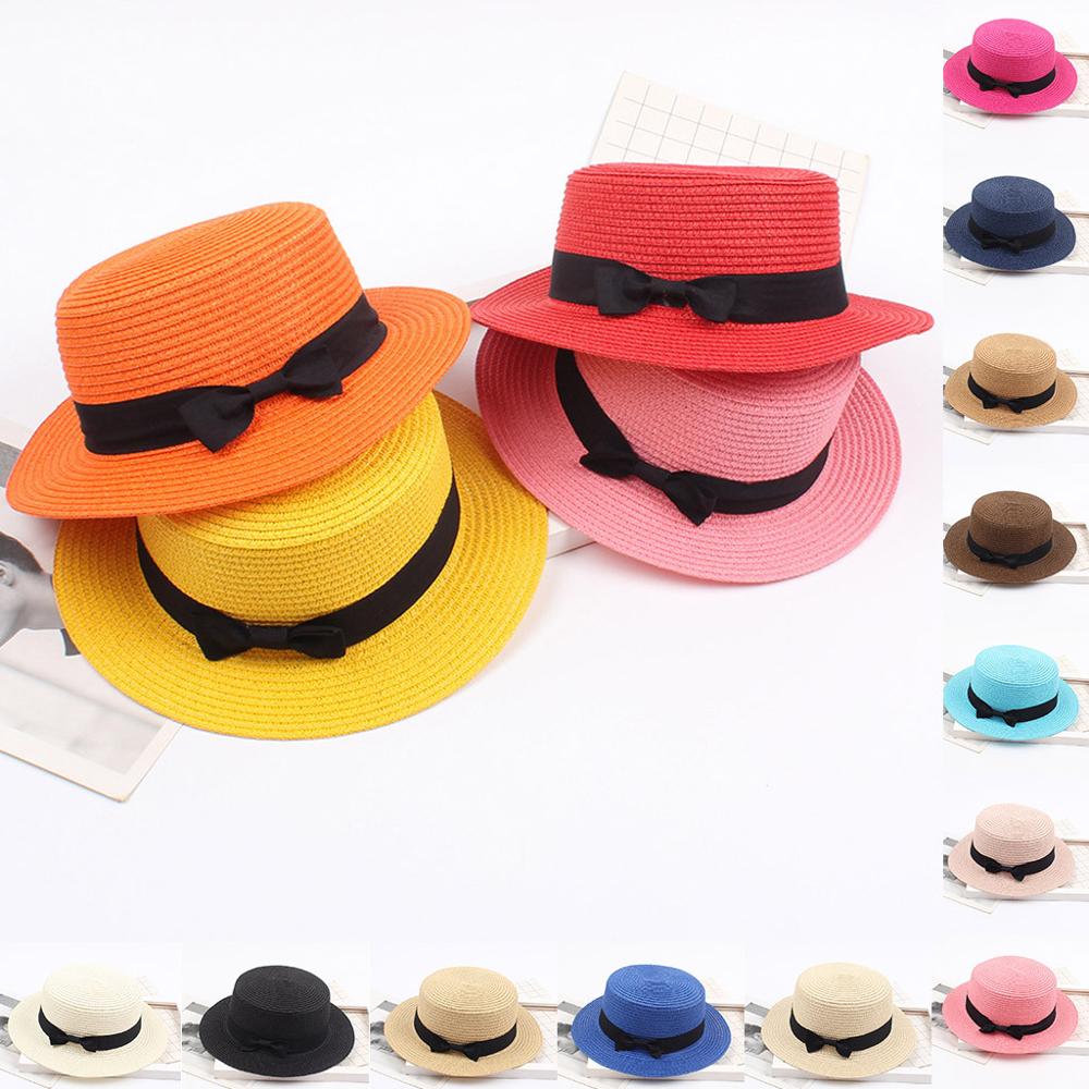 Ladies Summer Solid Top Hat Sun Visor Sun Straw Beach Hat Female Casual Panama Hat Lady Brand Women Flat brim Bowknot Straw cap