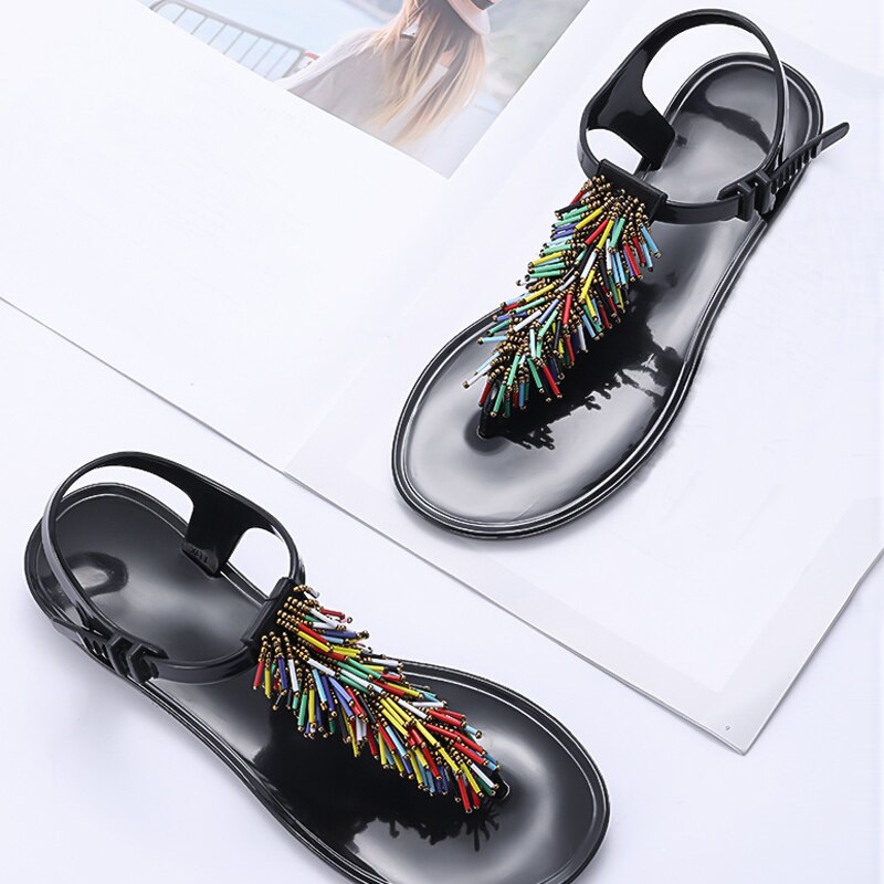 Flip flops sandaler med perler sorte komfortable kvinder flade sandaler strandsko til dame zapatos de mujer wsh 3542