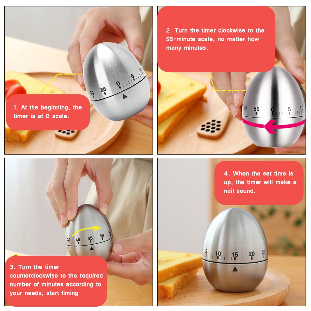 Stainless Steel Egg Shape Kitchen Timer Mechanical Drive Count-down Kitchen Timer