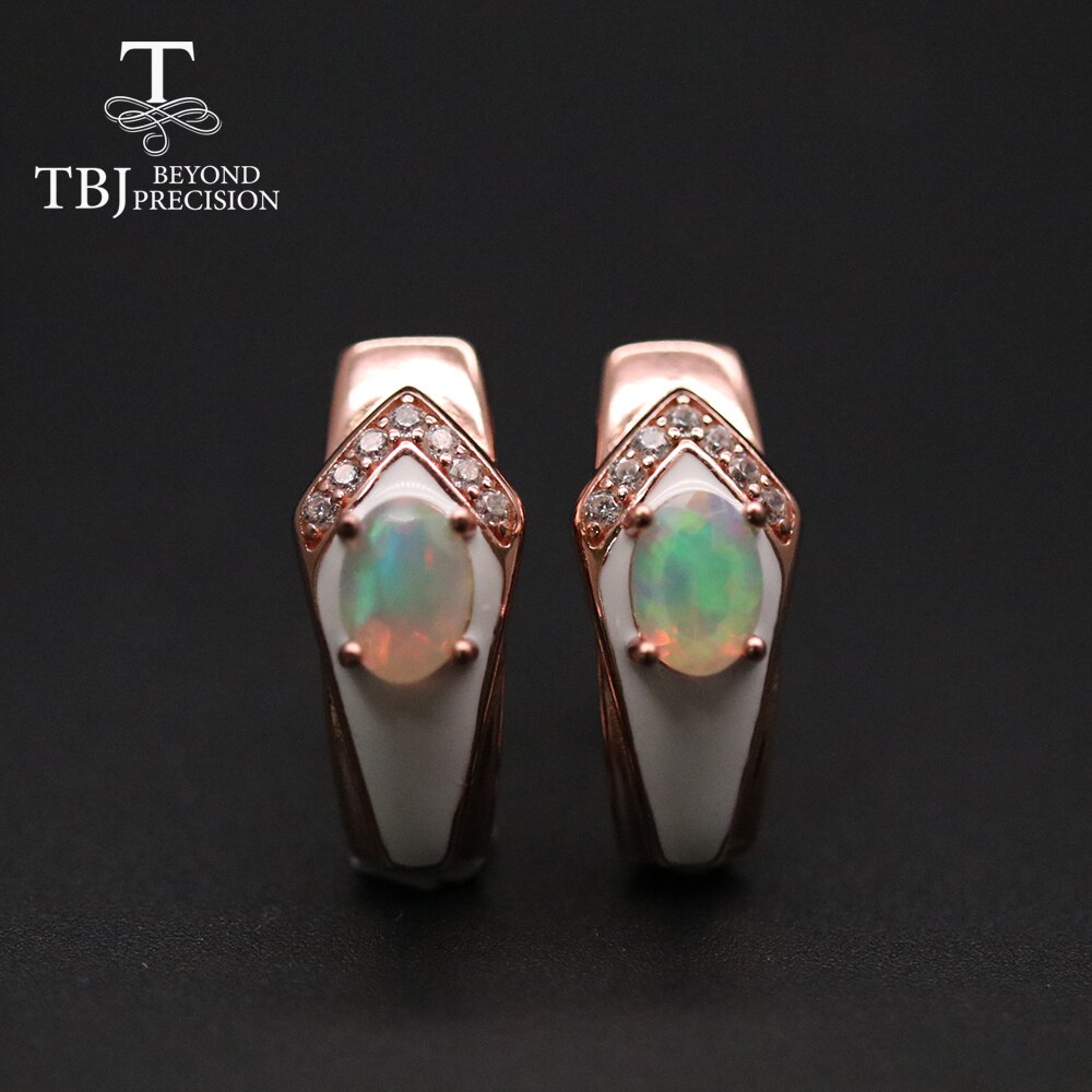 Tbj enamal Opal Earring natural colorful ethiopia gemstone oval cut 5*7mm fine jewelry 925 sterling silver for women