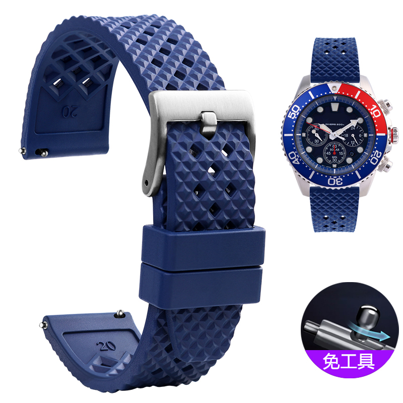 Fuerman Rubber watch strap 20mm 22mm Quick Diving Waterproof Bracelet FKM Fluorine Rubber for s-eiko Ti-ssot: blue silver buckle / 20mm