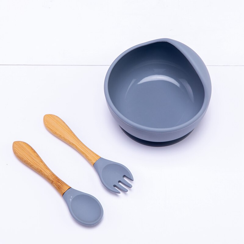 Baby Silicone Bowl Fork Spoon Straw Cup Set Silicone Bowl &amp; Spoon Learning Dishes Tableware Suction Bowl BPA Free Baby Product: 3PCS deep grey