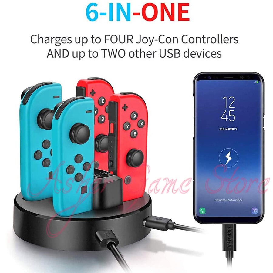 6 in 1 nintend switch chager 4 joy con opladningsstation  + 2 usb + led indikator til nintendo switch nintendoswitch joycon