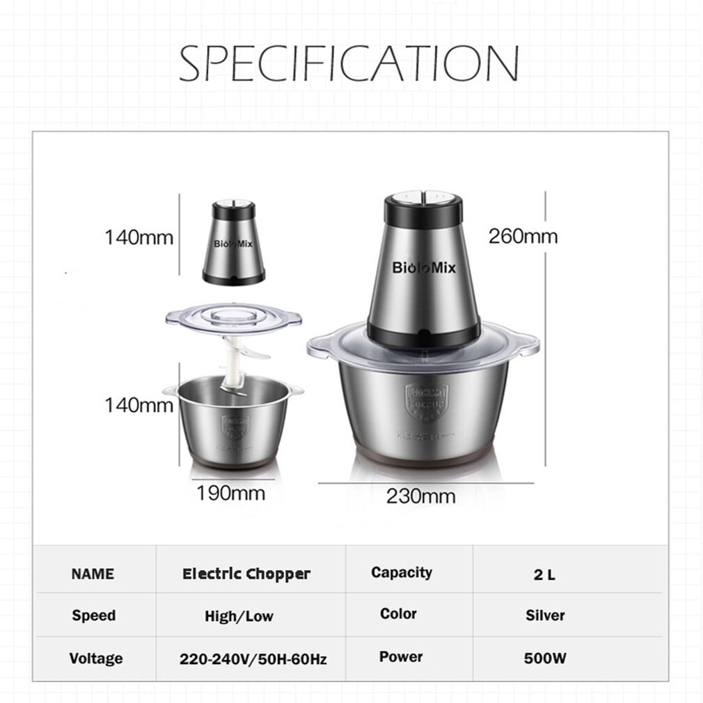 2 Speeds 500W 2L Large Capacity Chopper Meat Grinder Household Mincer Food Processor With Stainless Steel Bowl