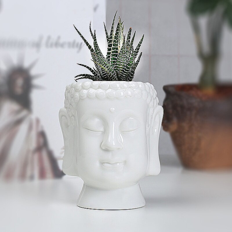 Keramische Boeddha Standbeeld Bloempot Desktop Cactus Succulent Bloempot Home Office Decoratie Vaas Wit