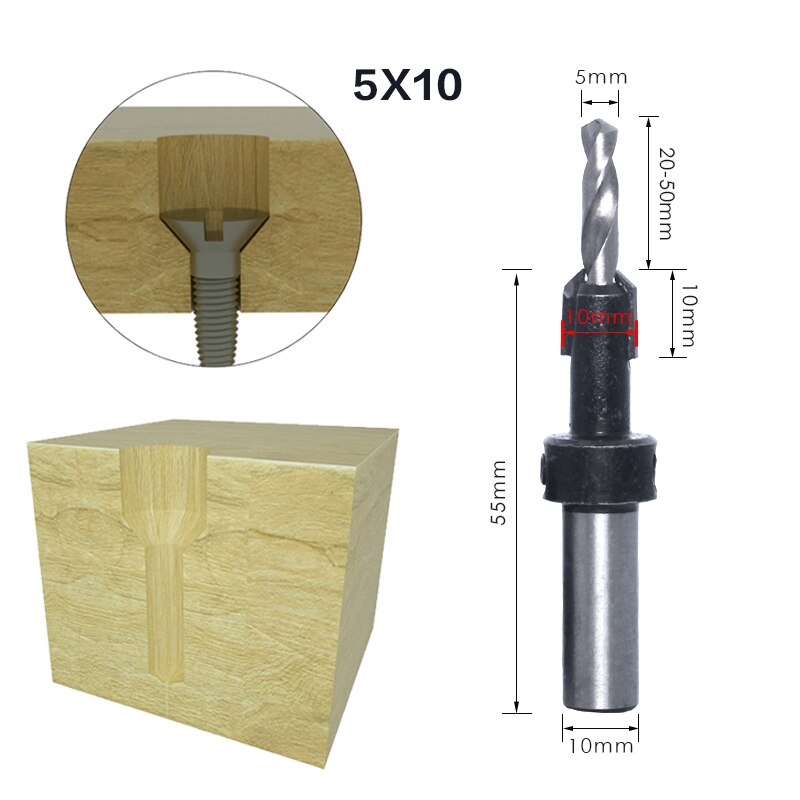 1Pcs 8Mm 10Mm Shank Hss Houtbewerking Countersink Router Bit Set Tapeinduithalerset Remon Sloop Voor Hout Frezen cutter: 10mmShank 5mmX10mm