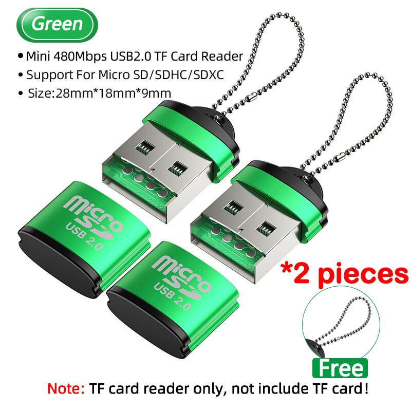 2Pcs Mini Usb Tf Sd Micro Reader Geheugenkaart Otg Type C Adapter Voor Auto Camera Laptop Notebook T flash Usbc Converter Sleutelhanger: green 2pcs