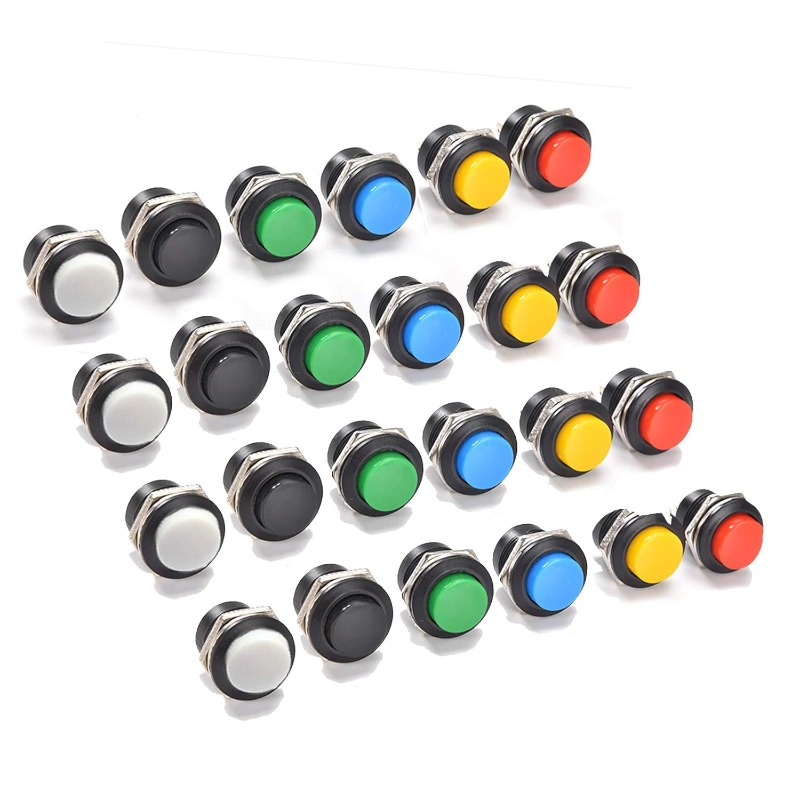 24Pcs16MM Momentary Push Button on Off Switch Red Green Yellow Blue White Black 3A 250V AC 2Pin Self-Resetting Mini Round Switch: Default Title