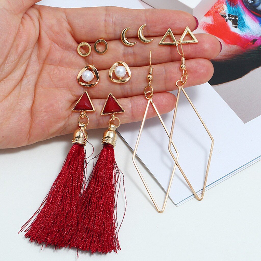 Simple 6PC Long Earrings Tassel Pearl Metal Earings Jewelry Ladies Jewelry