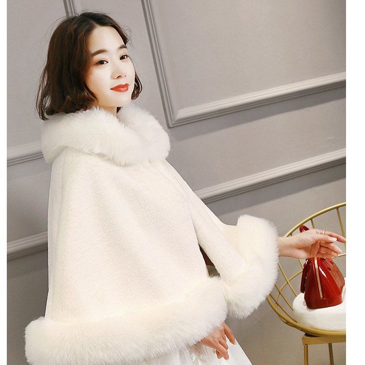 Vrouwen Hood Capes Mantel Winter Dikke Capuchon Bont Sjaal Wit Rood Zwarte Trouwjurk Bruid Bont Cape Poncho Dikker plus Size: White collar
