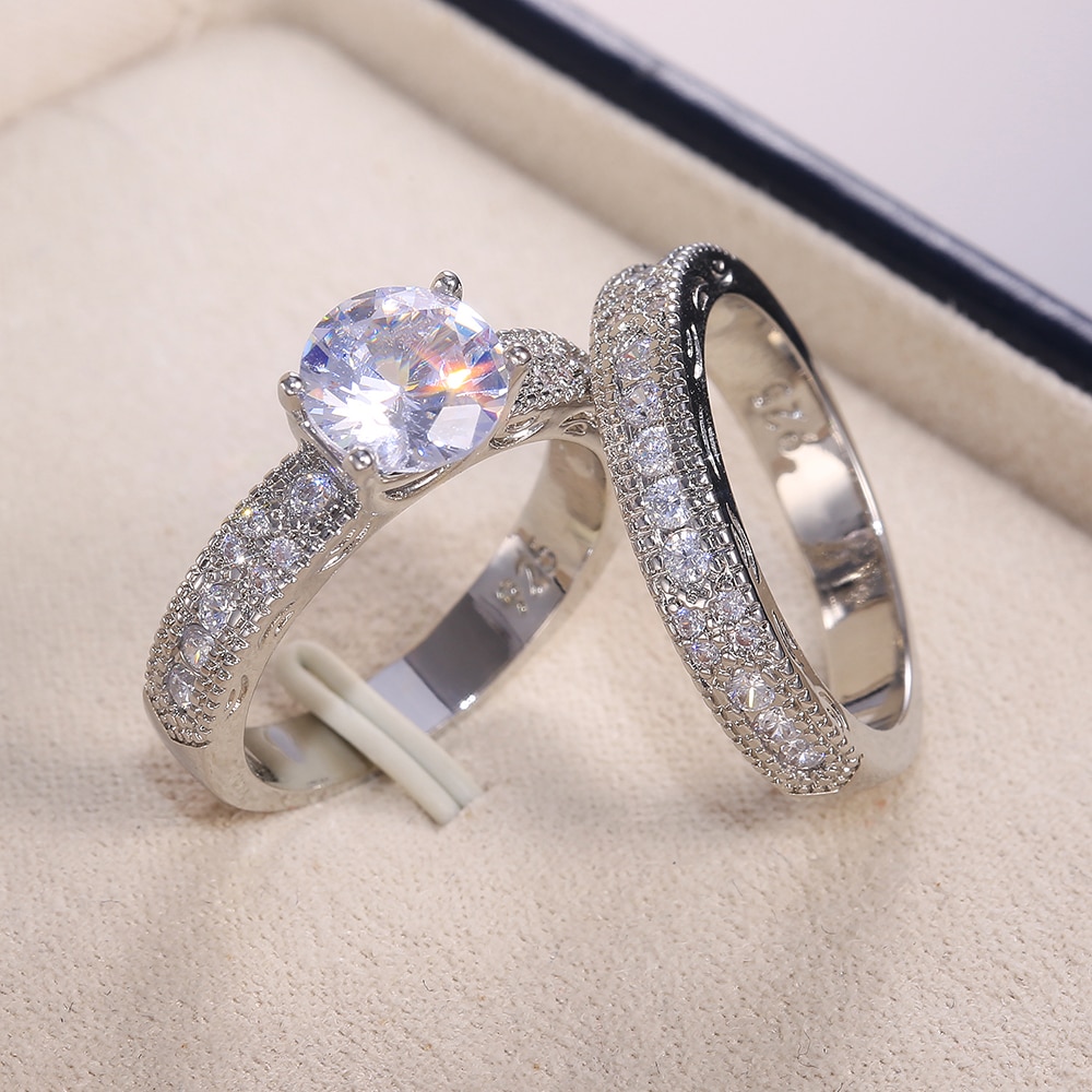 Hutan Ethnic Bridal Wedding Women Ring 2Pcs Silver Color Noble Lay Party Finger Rings CZ Stone Stylish Jewelry