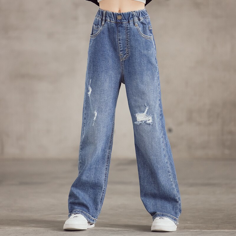 coréen déchiré jambes larges filles jean solide taille élastique droite enfants pantalons 3-15 ans printemps et automne enfants vêtements