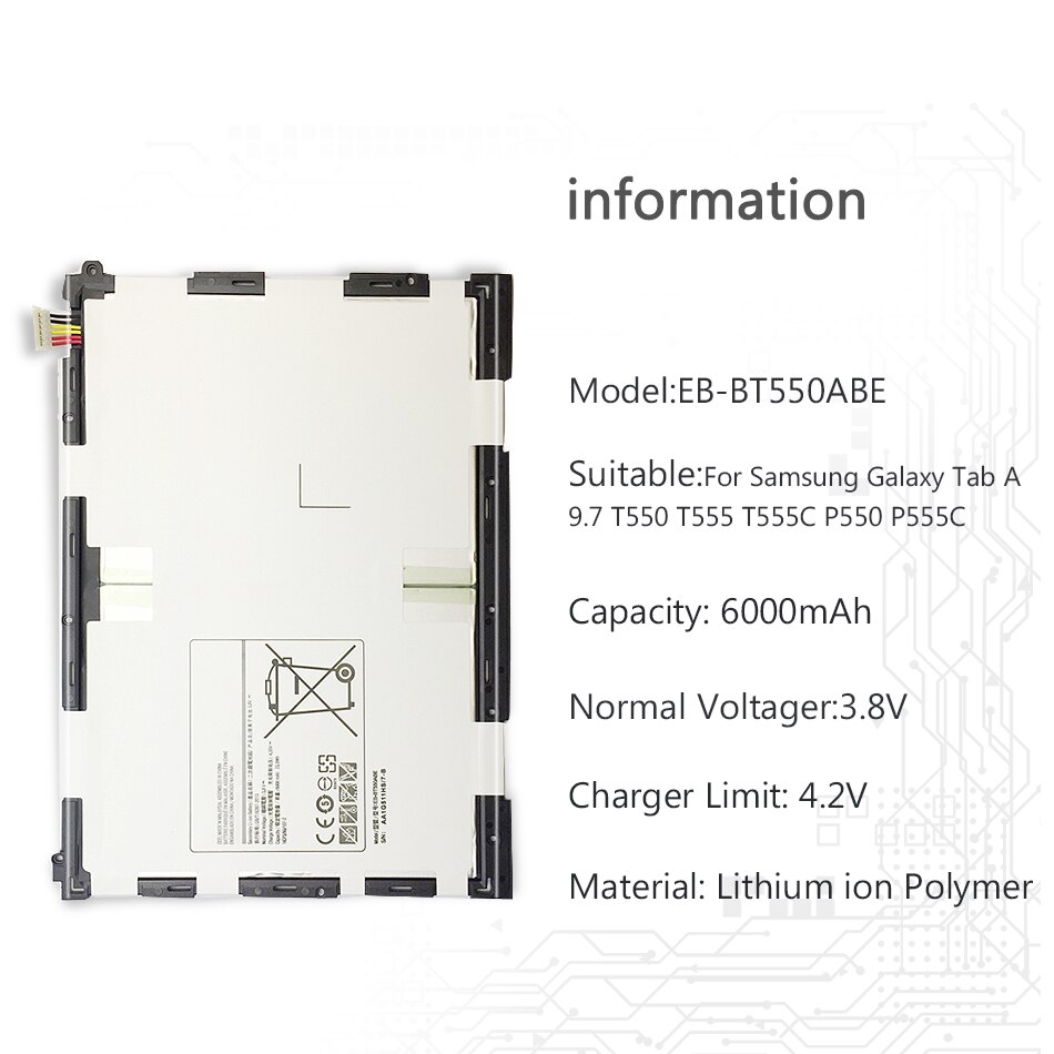 6000 Mah Tablet Batterij EB-BT550ABE Voor Samsung Galaxy Tab Een 9.7 T550 T555 T555C P550 P555C