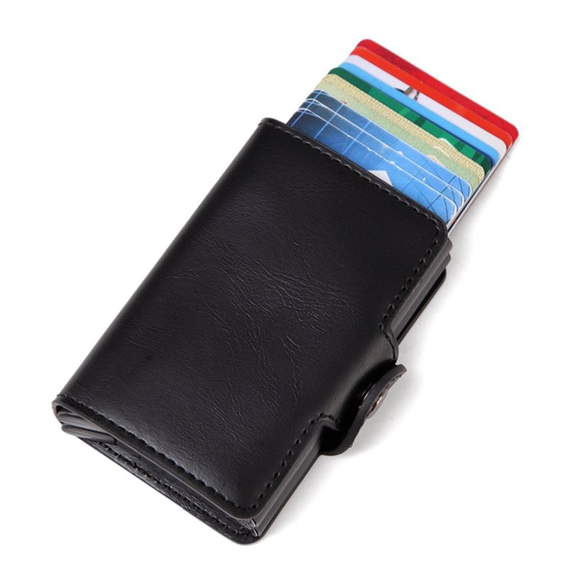 Cartera doble de aluminio para hombre, tarjetero de cuero para tarjetas de crédito RFID, billetera de Metal automática saliente, monedero antirrobo, tarjetero de negocios