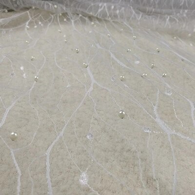 Beading blonder til kvinder kjoler gør 3 yards / lot off hvid og grå på lager netto tyl mesh stof med perler