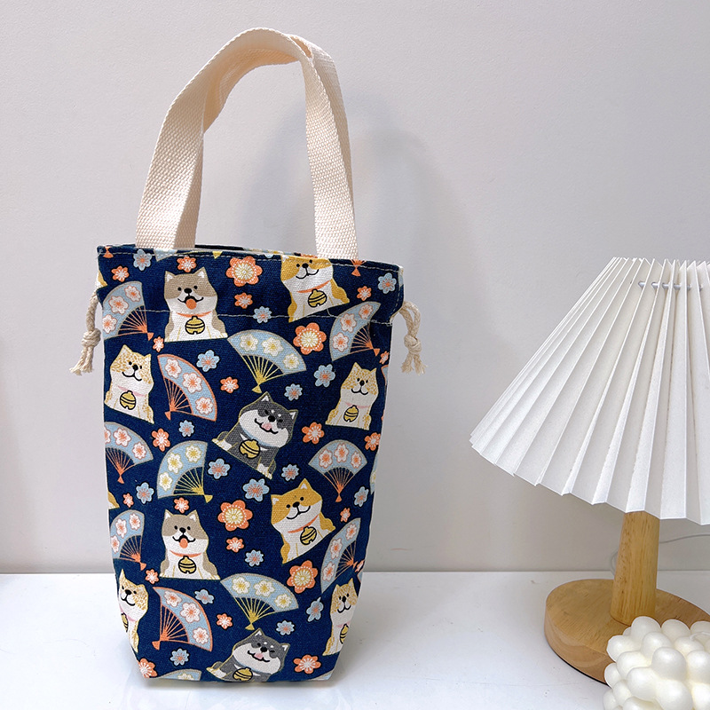 Draagbare Canvas Isolator Hoes Tas Thermoszak Cartoon Foto 'S Sluiting Trekkoord Opbergtas Vacuüm Cup Set: Donker Kaki