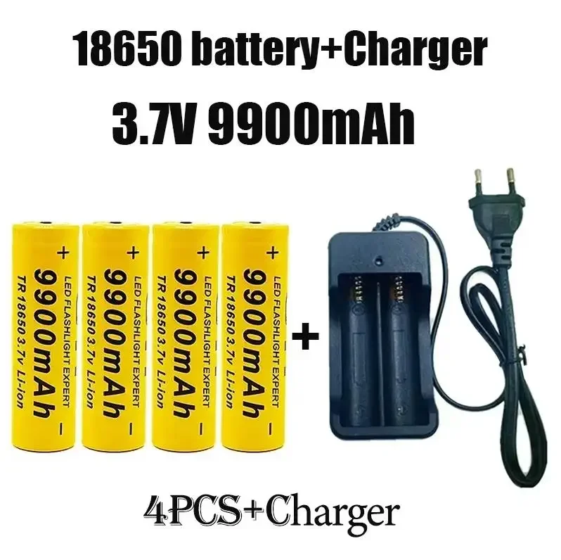 100% Original 3.7V 18650 Battery 9900mAh Lithium Rechargeable Battery flashlight Toys fans battery+charger