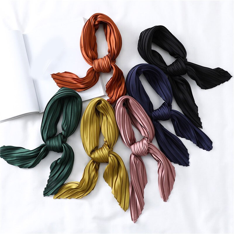 Silk Pleated Scarf Square Scarf For Women Small Scarves Soft Satin Neckerchief Decorative Headscarf Solid Hair Scarf Summer