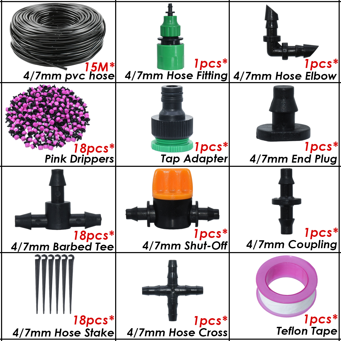 Kit d&#39;arrosage automatique goutte-à-goutte pour serre, 10-50M, 1/4 &#39;&#39;, système d&#39;irrigation, tuyau 4/7mm, buses de brouillard en laiton pour jardin, maison, plante en pot: KSL01-KIT351B-15M