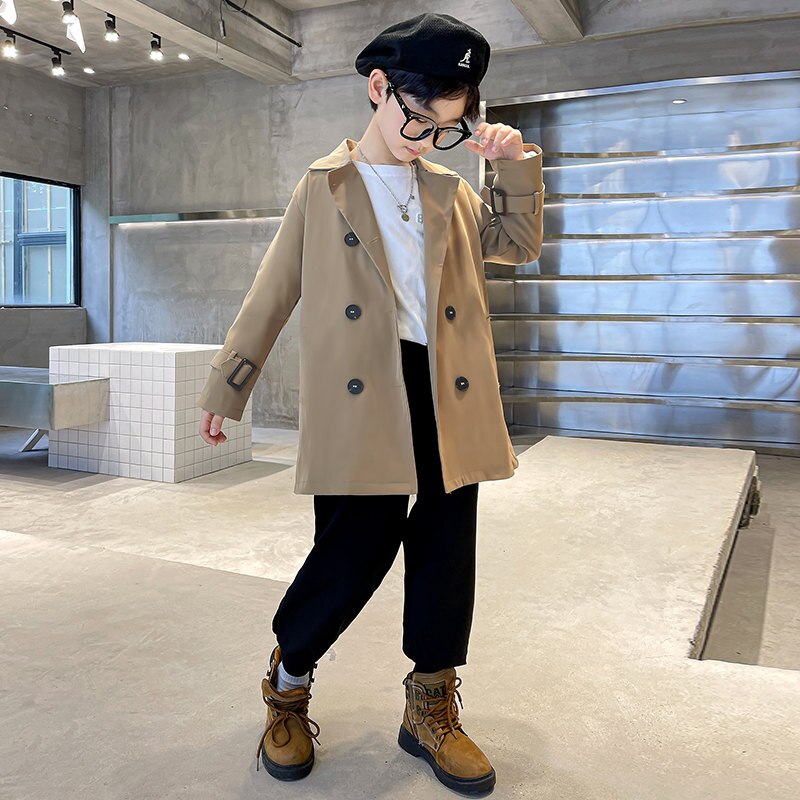 Trench-Coat avec ceinture pour garçons et adolescents, veste à Double boutonnage, coréenne, kaki, coupe-vent, vêtements d&#39;extérieur, 4-13T, automne