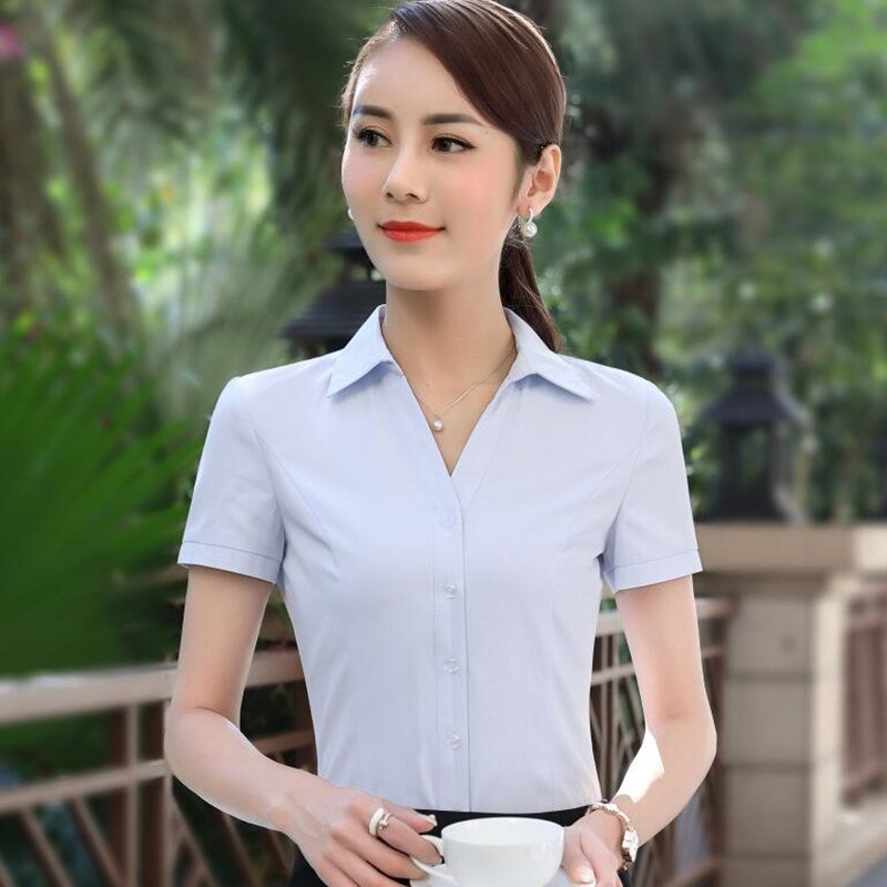 Naviu business twill skjorte ol formell sommer kortermet chiffon bluse kontor dame arbeidsklær pluss størrelse topper: Lyse blå / L