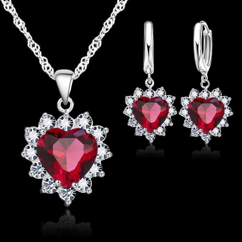 Conjunto de joyería de plata de ley 925 para mujer, colgante de corazón de piedra CZ, collar, pendientes, de cumpleaños: G