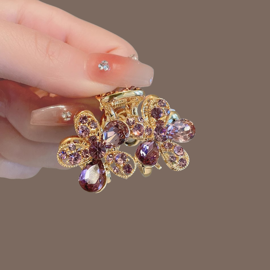 Clip de agarre para el cabello con flores brillantes para mujer, nueva , aleación de diamantes de imitación, horquillas elegantes para cola de caballo de verano, accesorios para el cabello: Gris