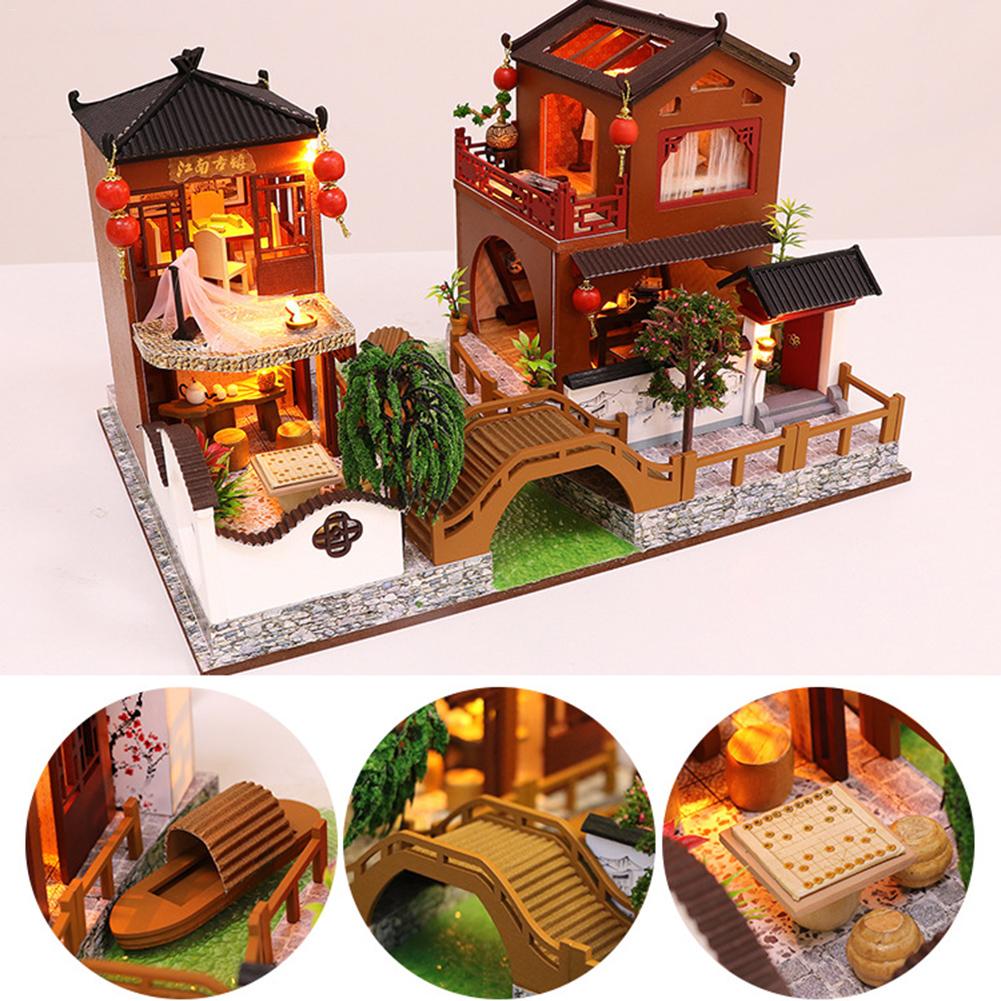 Chinese Stijl Poppenhuis Speelgoed Chinese Traditionele Stijl Handgemaakte Architectonisch Model DIY Huisje Voor Speelgoed Voor Kinderen