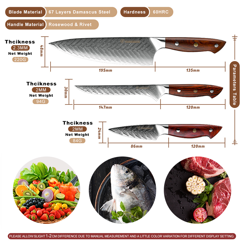 Juego de cuchillos de cocina japoneses de 67 capas, de acero damasco, para deshuesar, Chef, carne, fruta, cortador, herramientas GRANDSHARP