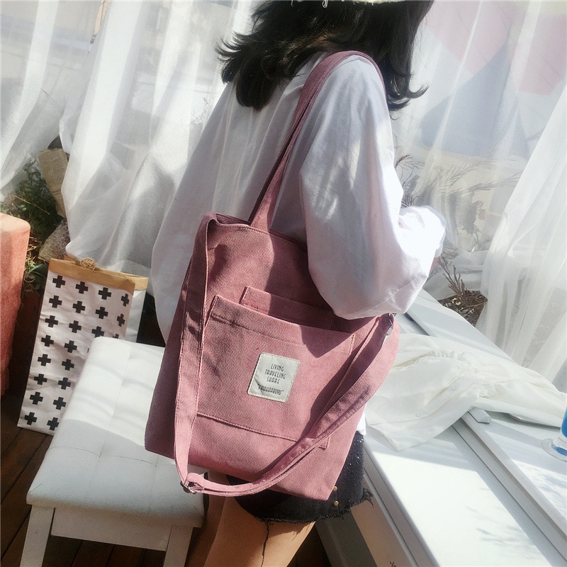 Women Warm Corduroy Tote Ladies Casual Canvas Shoulder Bag Soft Crossbody Bags Beach Bag Striped Cloth Female Handbag Books Bags