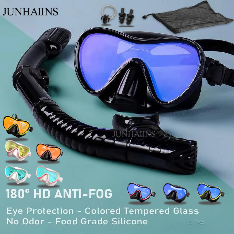 JUNHAIINS Professioneel siliconen duikmasker Ademhalingsbuis Anti-condens Gehard glas Zwemmen Snorke Set voor watersport