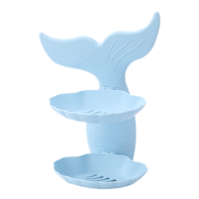 Double Layer Soap Rack Bathroom Soap Dish Wall Mounted Soap Container Fish Shaped Sponge Holder Wall Draining Shelf: Blue
