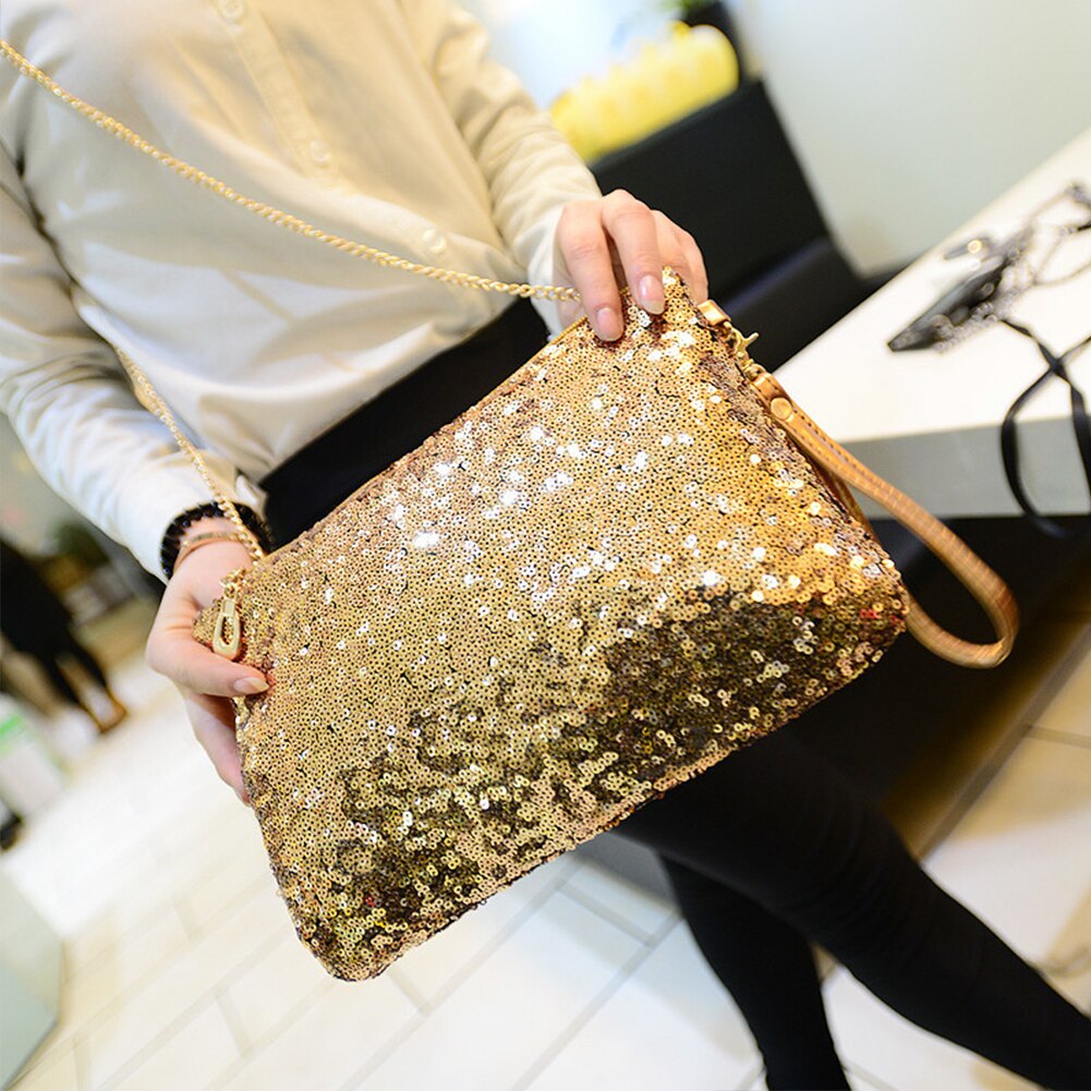 Borsa a tracolla con paillettes staccabile con cerniera a catena di grande capacità Fashion Club Evening Party Glitter borsa a tracolla da donna: Oro