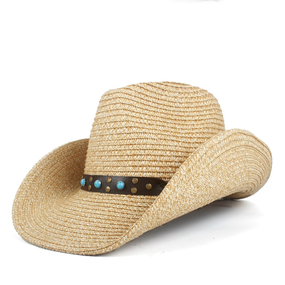Halm hule vestlige cowboy hat kvinder mænd sommer halm sombrero hombre strand cowgirl jazz sol hat: Khaki