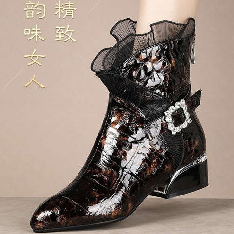 Bottes courtes en cuir verni pour femme, bottes thermiques pointues à talon épais, tube moyen, style, automne hiver