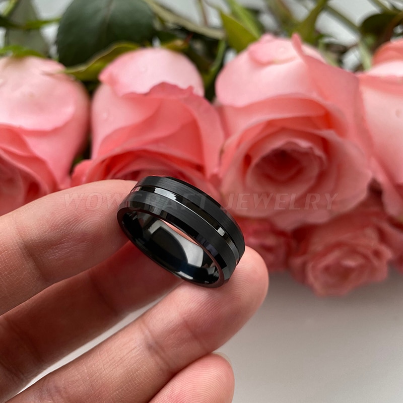 8 Mm Black Tungsten Carbide Ring Wedding Band Voor Mannen Vrouwen Gegroefde Center Geborstelde Afwerking Comfort Fit Graveren Gratis