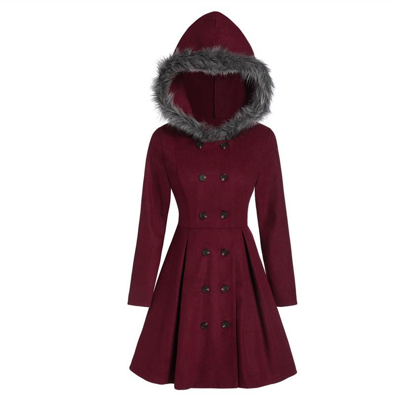 Middeleeuwse imitatiebont wollen jas met capuchon voor dames, winterjas, zwarte staande kraag, gothic jas, winterjas met dubbele rij knopen, gothic lange jas: Hjs 00658 / Xxxl