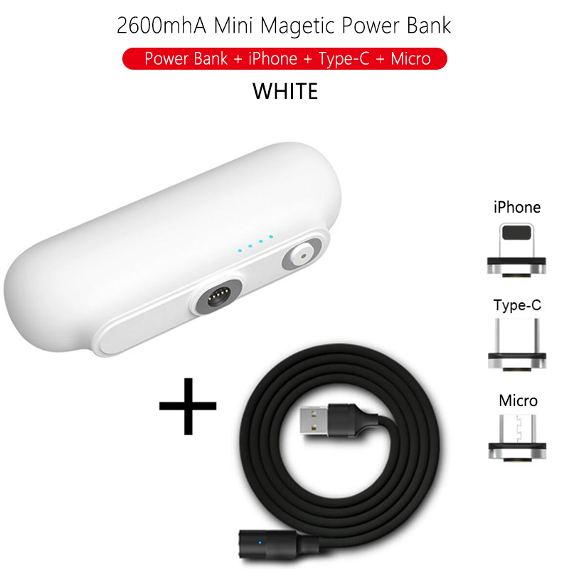 2600mAH Mini Power Bank Back Battery USB Micro Type-C Cable for iPhone 11 Xs Samsung Xiaomi Portable Power Bank Magnetic Charger: 3 Type White