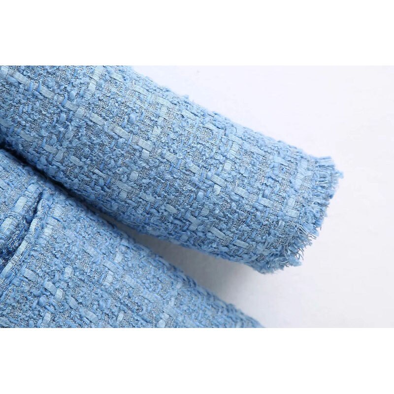 Stijlvolle chique blauwe sieraden dubbelrijs tweedjas dames omslagkraag jas vrouwelijke chique bovenkleding