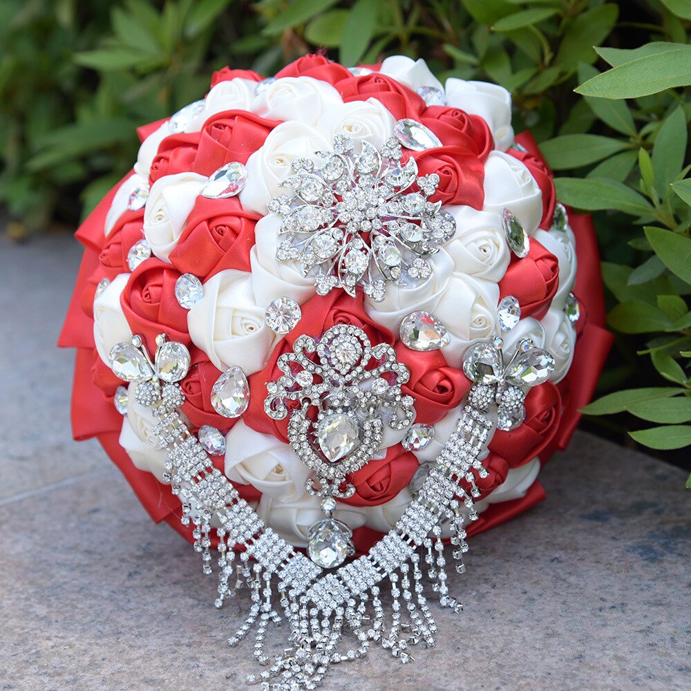 Tassel Diamond Wedding Bouquet White Ivory Pink Burgundy Crystal Silk Rose Wedding Flowers Bouquet De Mariage Bridal Bouquets: Ivory Red
