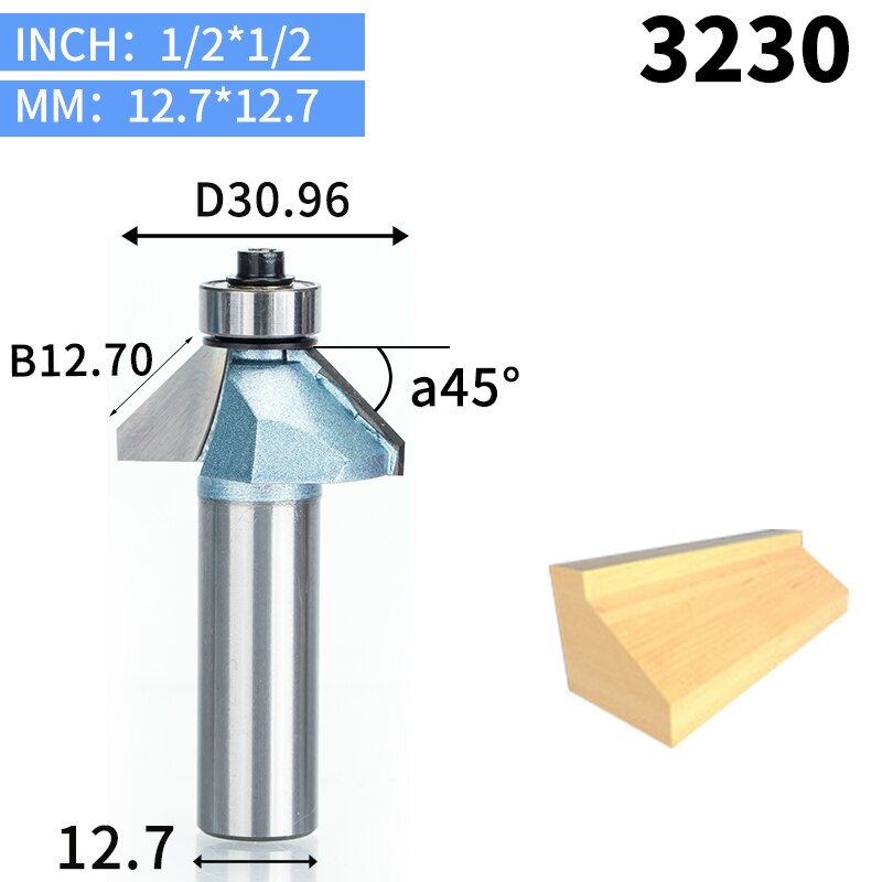 HUHAO 1pcs 1/2"1/4" Shank Chamfer Cutter Industrial grade Router Bits for wood Horse Nose Bit 45 Deg CNC Woodworking Tool endmil: 3230
