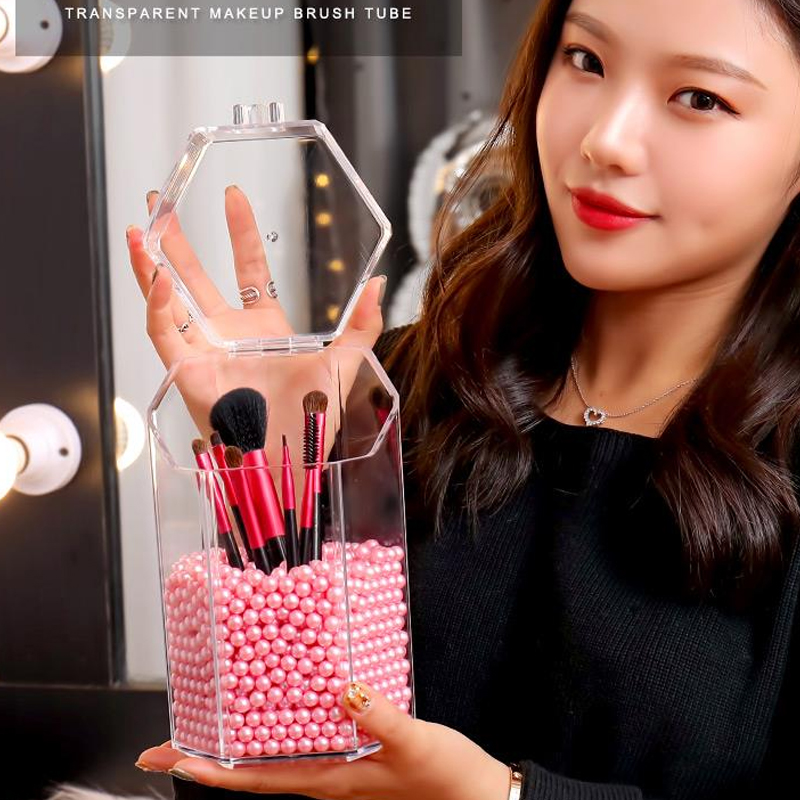 Hunyoo akryl klar makeup børste opbevaring plast makeup organizer kosmetisk værktøj holder med låg kosmetisk børste opbevaringsboks