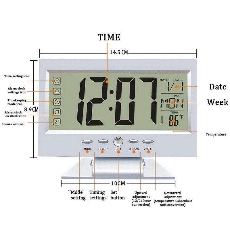 LCD Screen Digital Clocks Thermometer Indoor Humidity Monitor Electronic Display Temperature Voice Control Alarm Clock Calendar