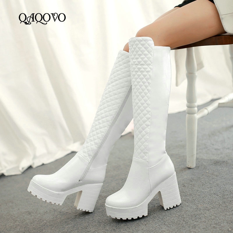 Frauen Schuhe Winter Plüsch Platz hoch Hacke Kniehohe Stiefel Plattform Reißverschluss Stiefel Runde Kappe Stiefel Schnee Weiß Schwarz
