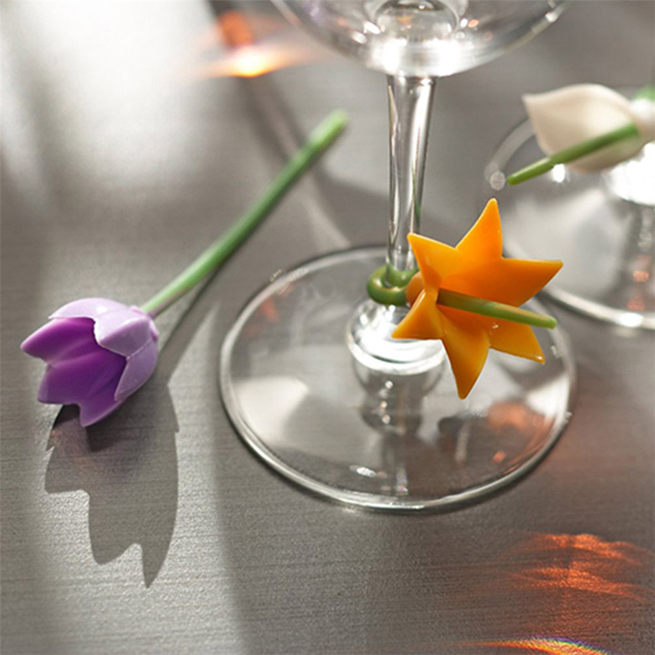 4 yang 6 stk blomster vin kop markør silikone label fest dedikeret glas kop genkendelsesværktøjer til vinglas