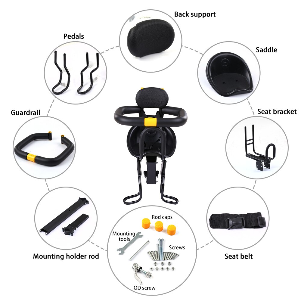 Safety Child Bicycle Seat Bike Front Baby Seat Kids Saddle with Foot Pedals Support Back Rest for MTB Road Bike Children